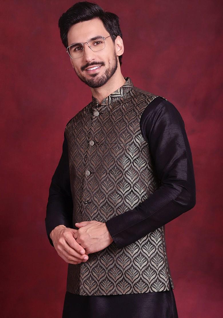 Black Woven Design Poly Blend Kurta Set For Men