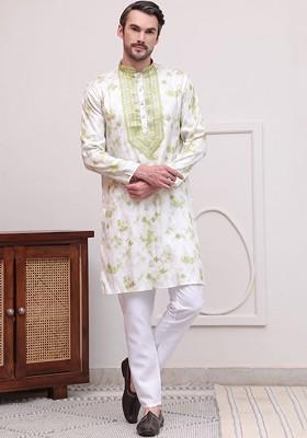 Green Printed Poly Blend Kurta Set For Men