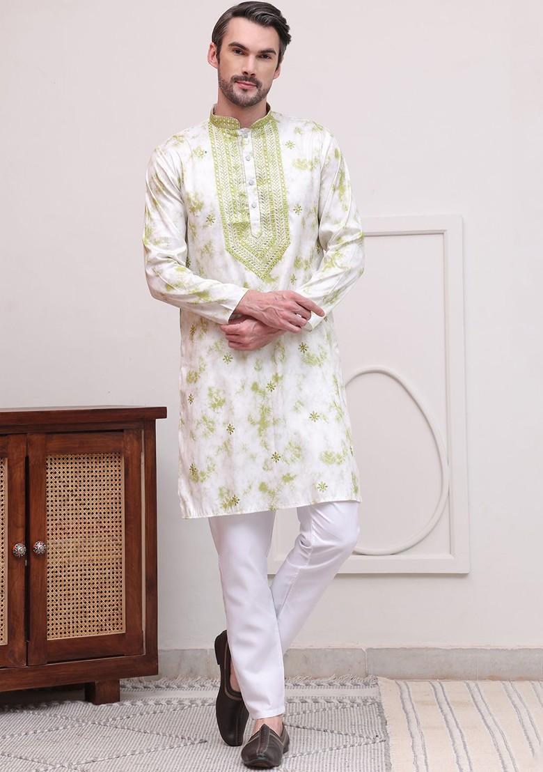 Green Printed Poly Blend Kurta Set For Men