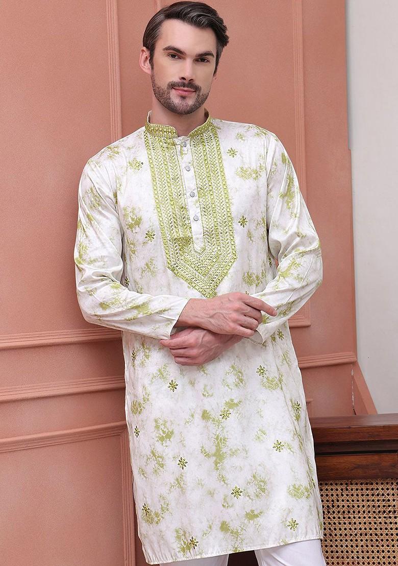 Green Printed Poly Blend Kurta Set For Men