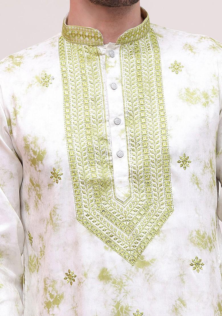 Green Printed Poly Blend Kurta Set For Men