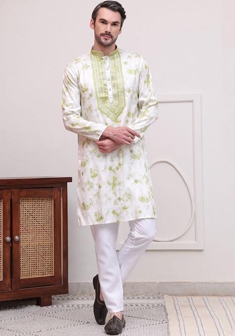 Green Printed Poly Blend Kurta Set For Men