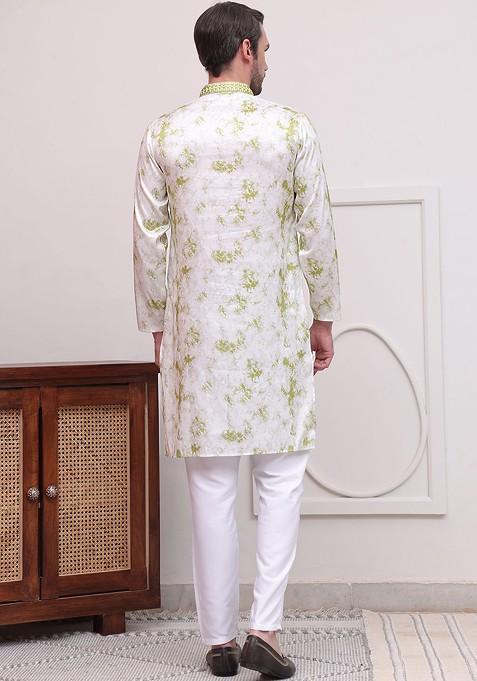 Green Printed Poly Blend Kurta Set For Men