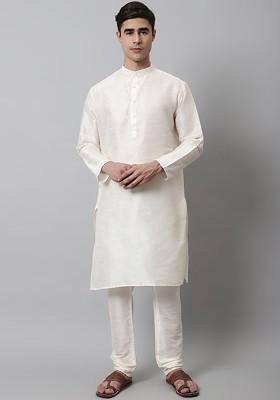 White Embroidered Poly Blend Kurta Set For Men
