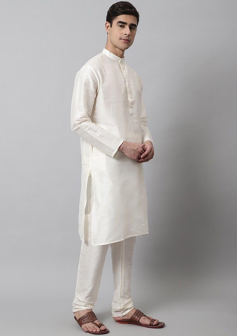 White Embroidered Poly Blend Kurta Set For Men