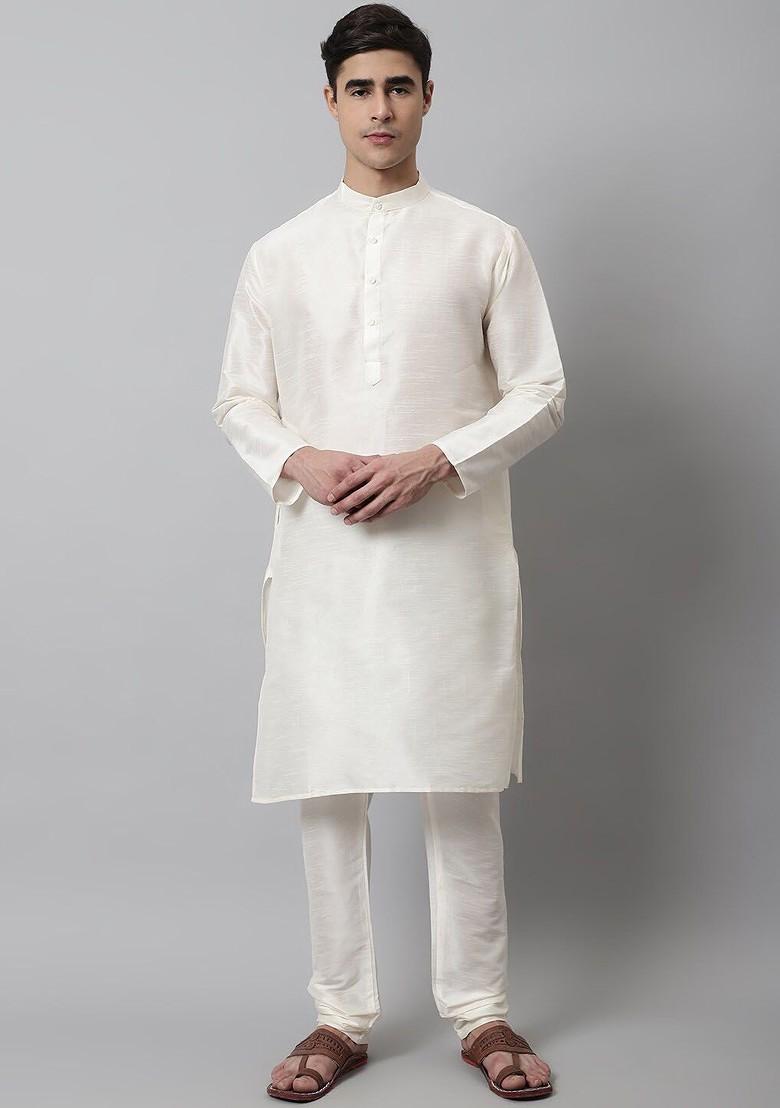 White Embroidered Poly Blend Kurta Set For Men