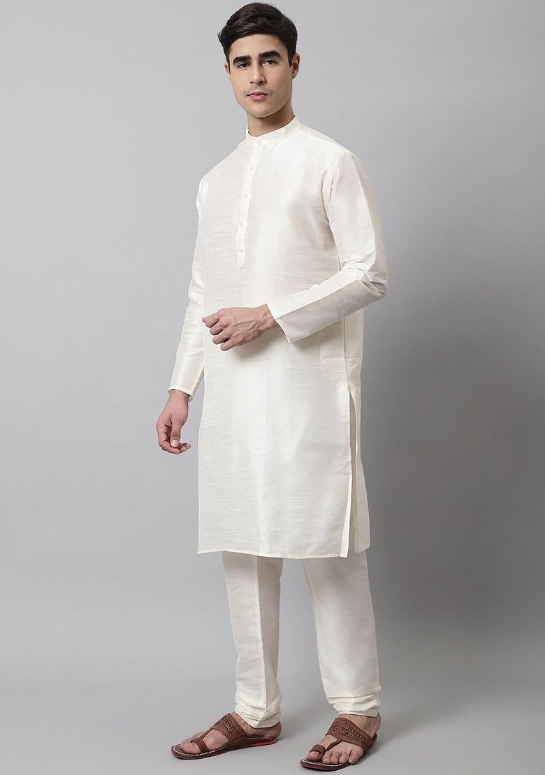 White Embroidered Poly Blend Kurta Set For Men