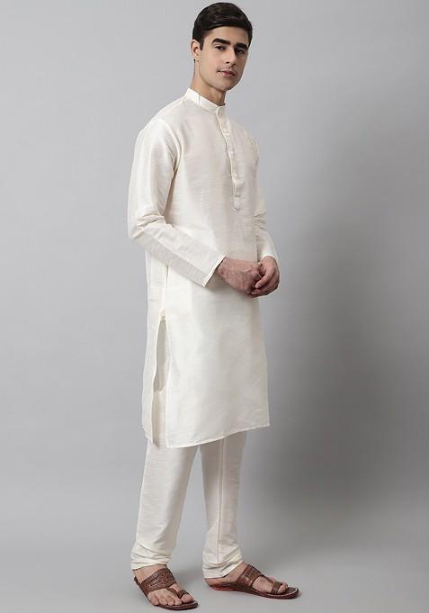 White Embroidered Poly Blend Kurta Set For Men