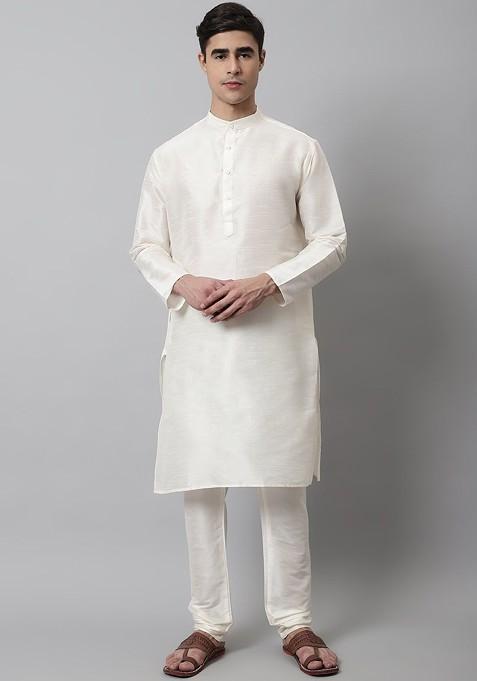 White Embroidered Poly Blend Kurta Set For Men
