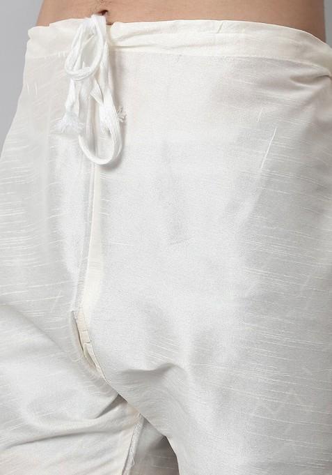 White Embroidered Poly Blend Kurta Set For Men