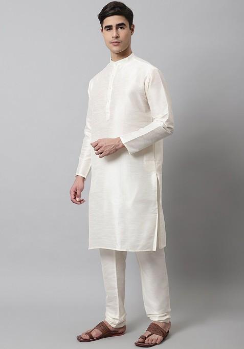 White Embroidered Poly Blend Kurta Set For Men