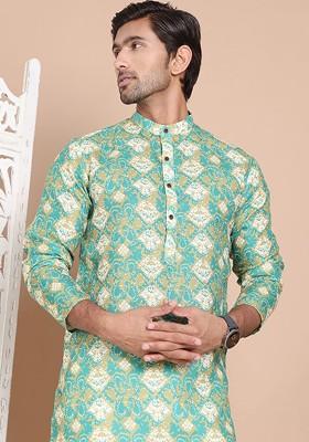 Green Printed Poly Blend Kurta Set For Men