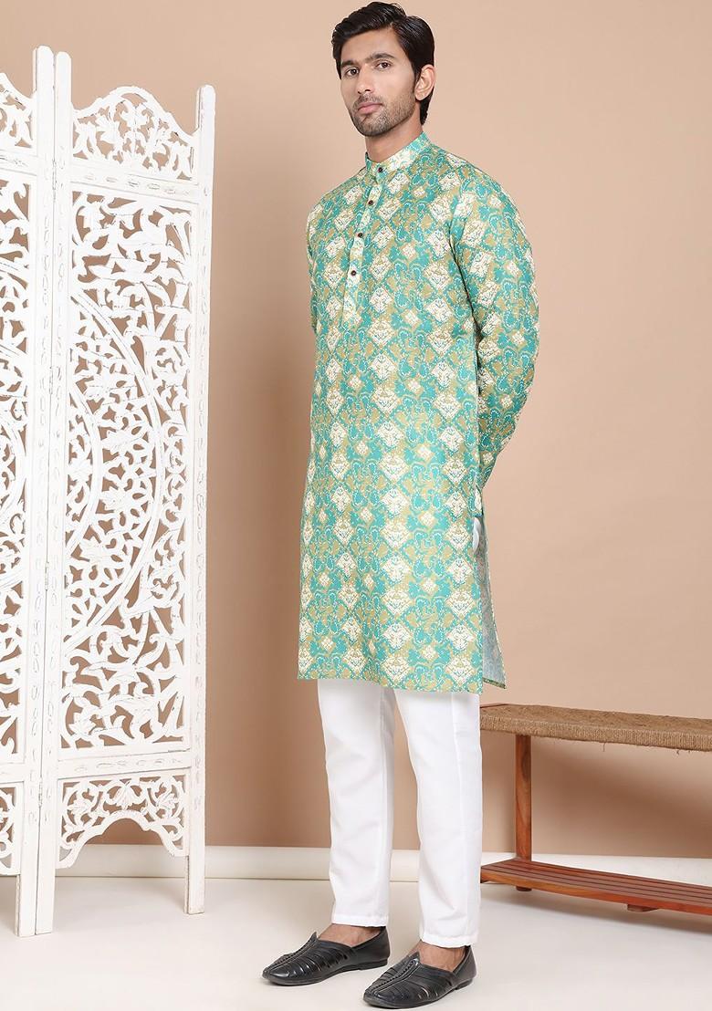 Green Printed Poly Blend Kurta Set For Men