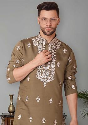 Brown Embroidered Poly Blend Kurta Set For Men