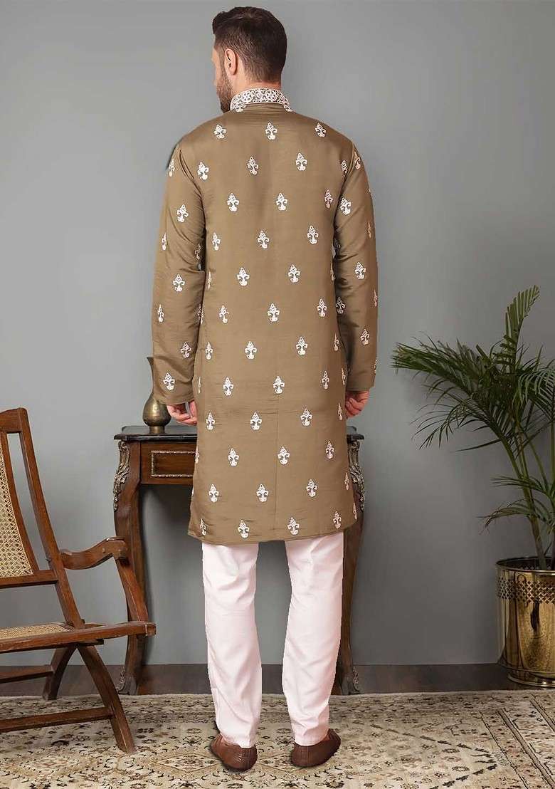 Brown Embroidered Poly Blend Kurta Set For Men - Indya