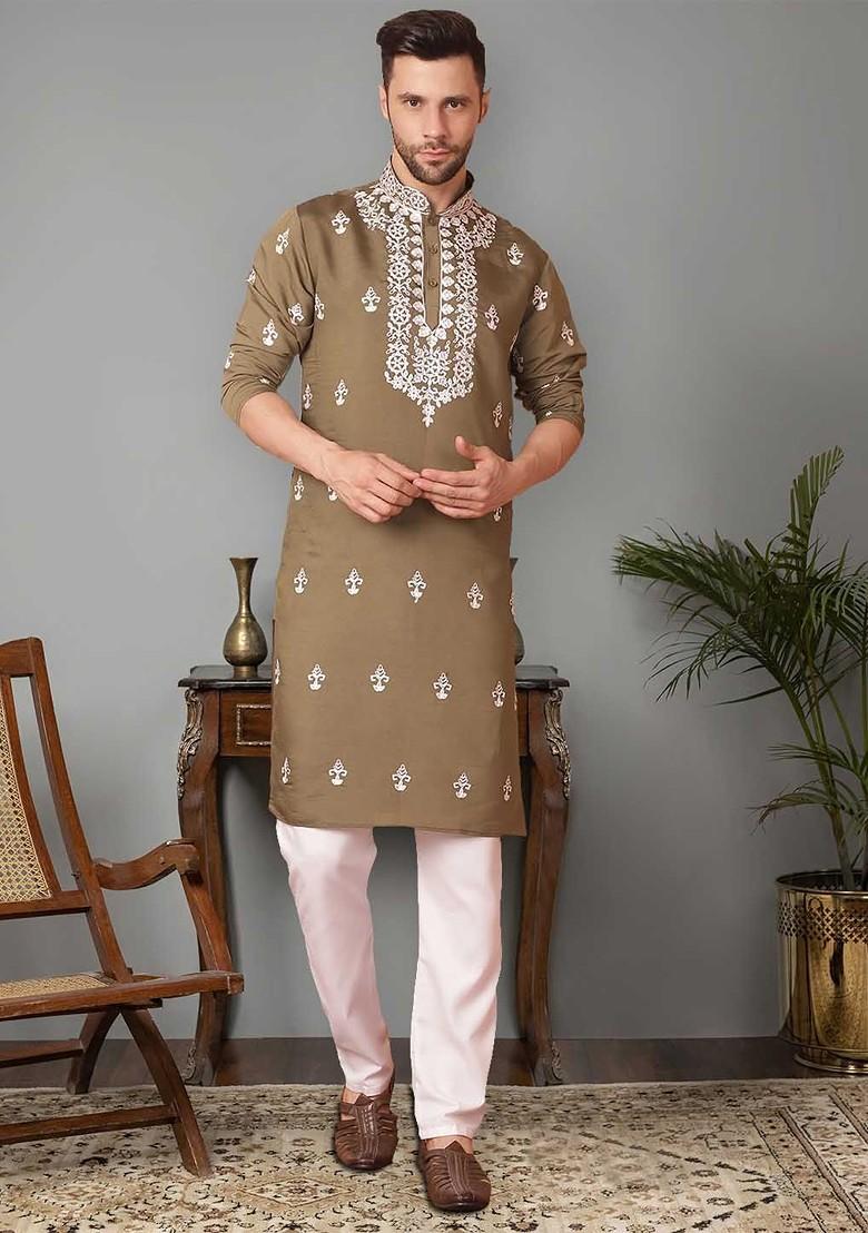 Brown Embroidered Poly Blend Kurta Set For Men