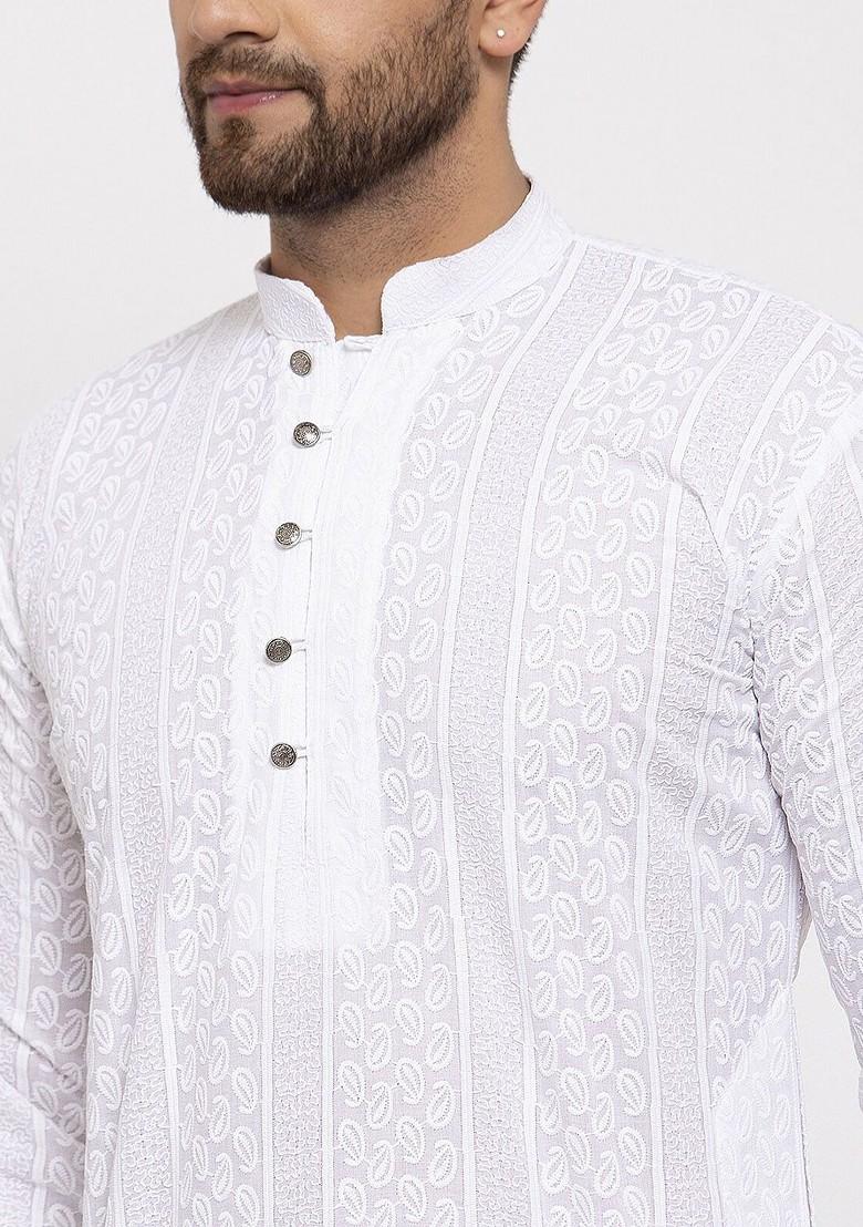 White Embroidered Poly Blend Kurta Set For Men
