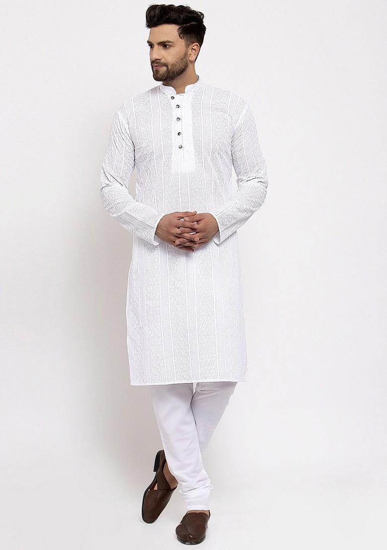 White Embroidered Poly Blend Kurta Set For Men