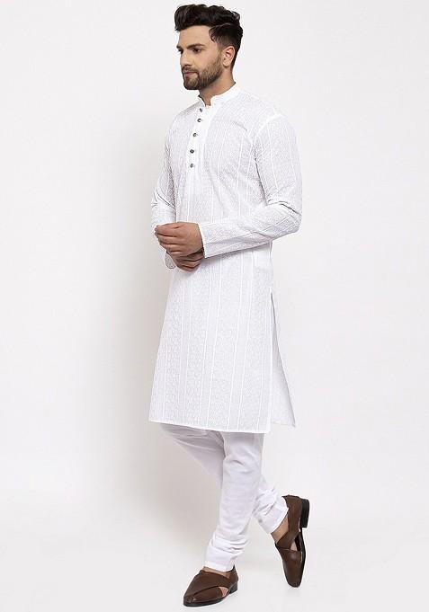 White Embroidered Poly Blend Kurta Set For Men