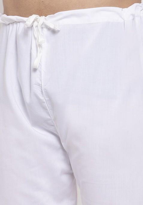 White Embroidered Poly Blend Kurta Set For Men