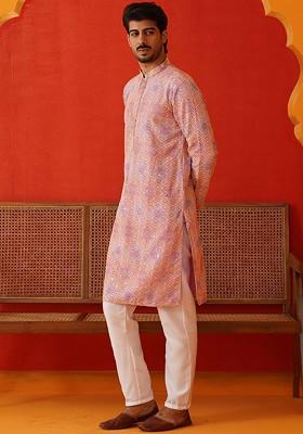 Pink Embroidered Poly Blend Kurta Set For Men