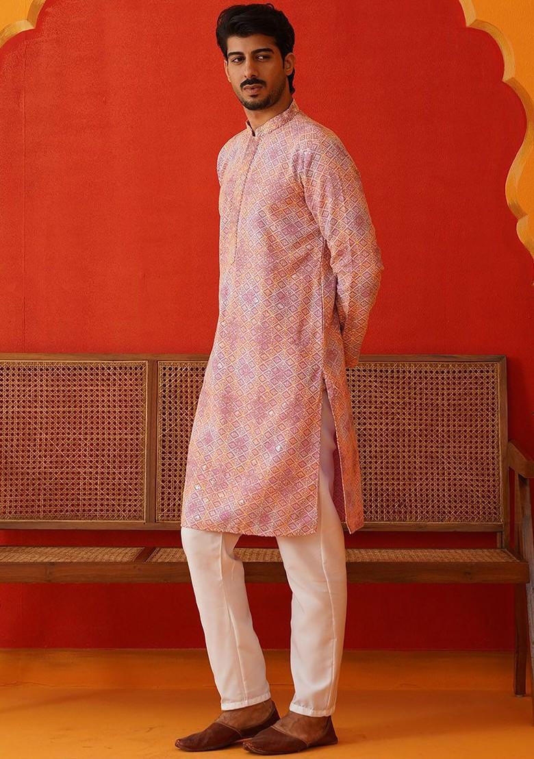 Pink Embroidered Poly Blend Kurta Set For Men