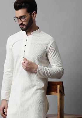 White Embroidered Poly Blend Kurta Set For Men