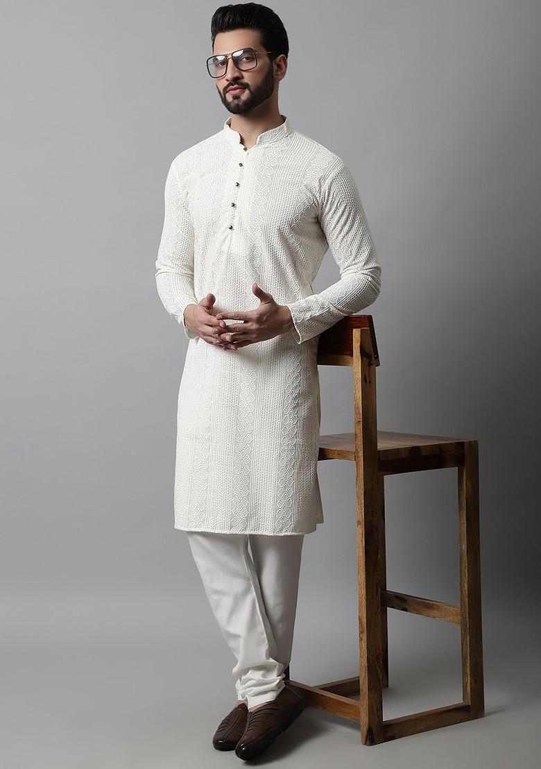 White Embroidered Poly Blend Kurta Set For Men