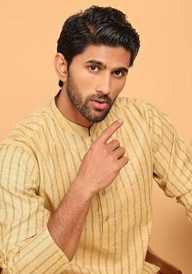 Beige Woven Design Poly Blend Kurta Set For Men