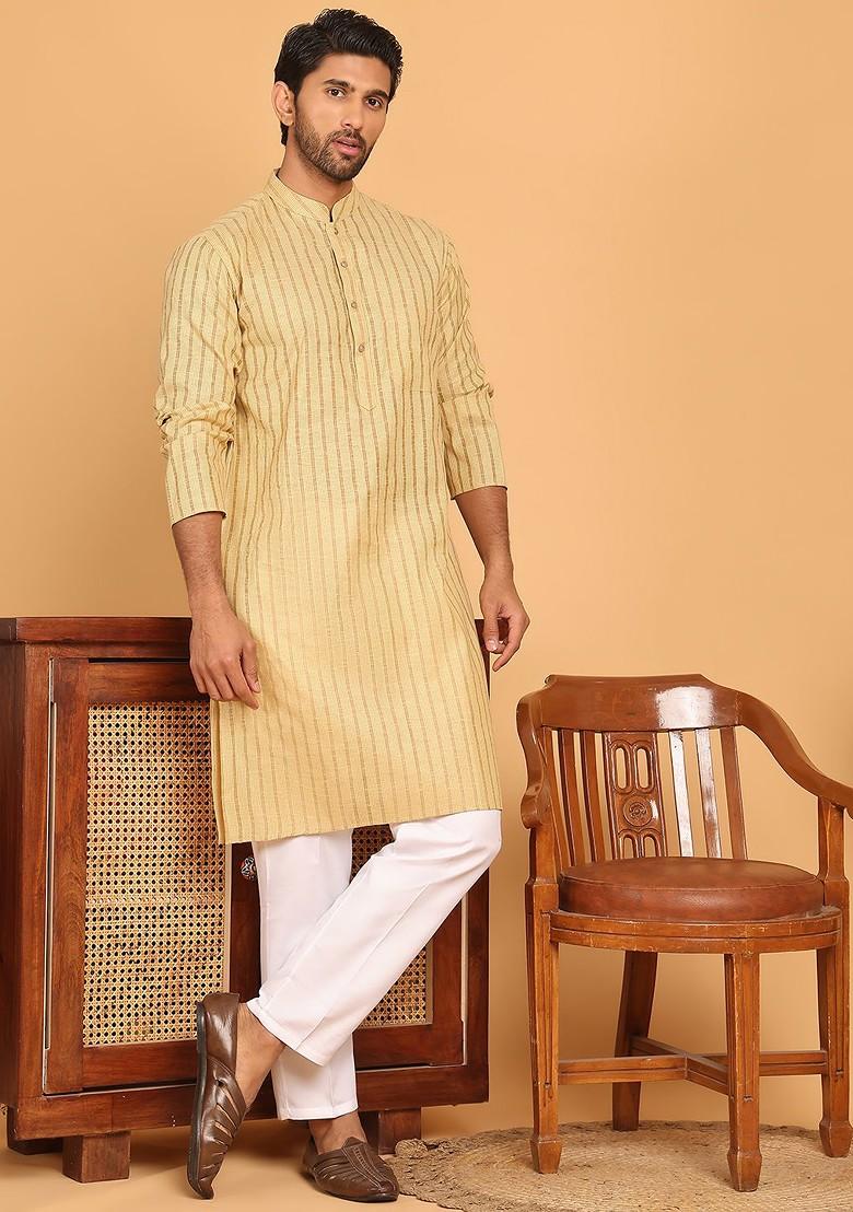 Beige Woven Design Poly Blend Kurta Set For Men