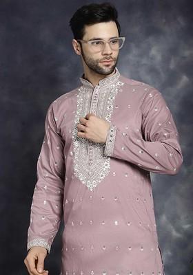 Magenta Embroidered Poly Blend Kurta Set For Men