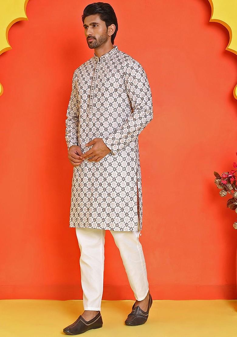 White Embroidered Poly Blend Kurta Set For Men