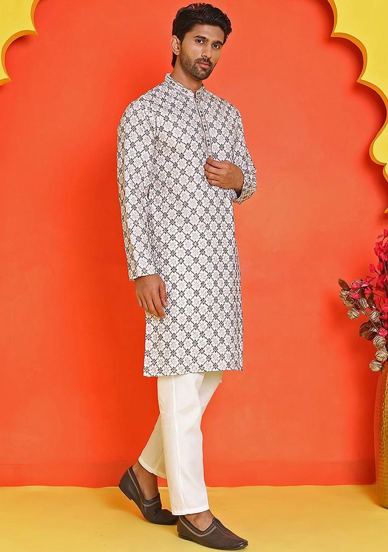 White Embroidered Poly Blend Kurta Set For Men