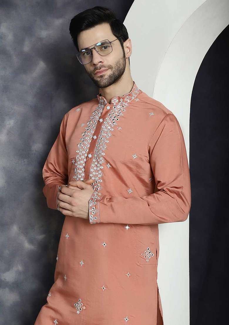 Peach Embroidered Poly Blend Kurta Set For Men - Indya