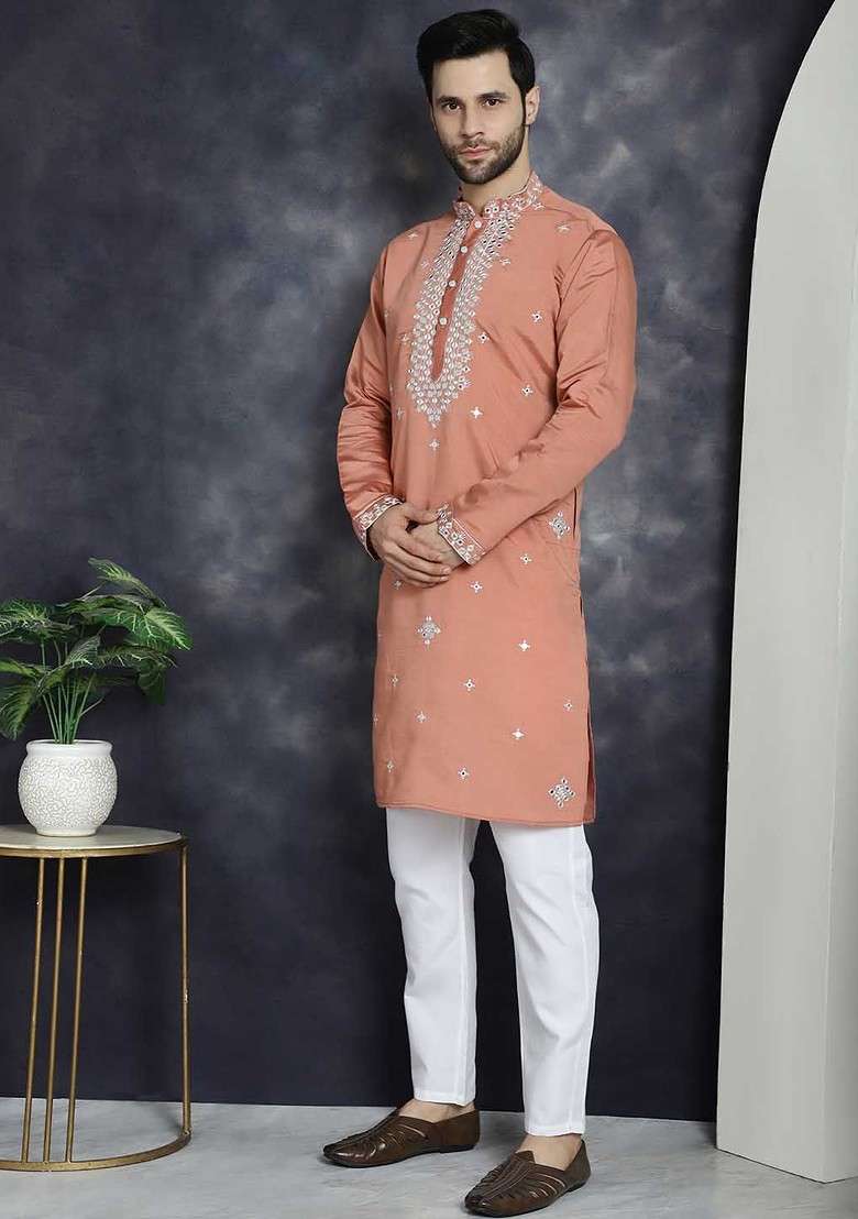 Peach Embroidered Poly Blend Kurta Set For Men - Indya