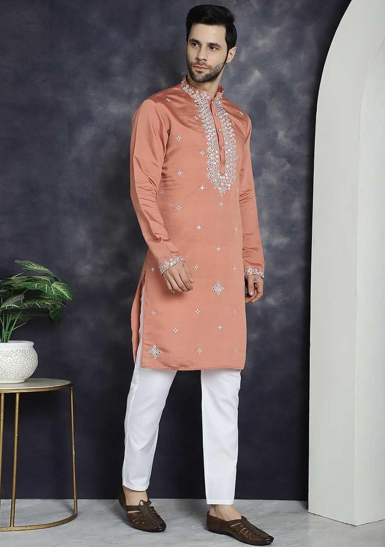 Peach Embroidered Poly Blend Kurta Set For Men