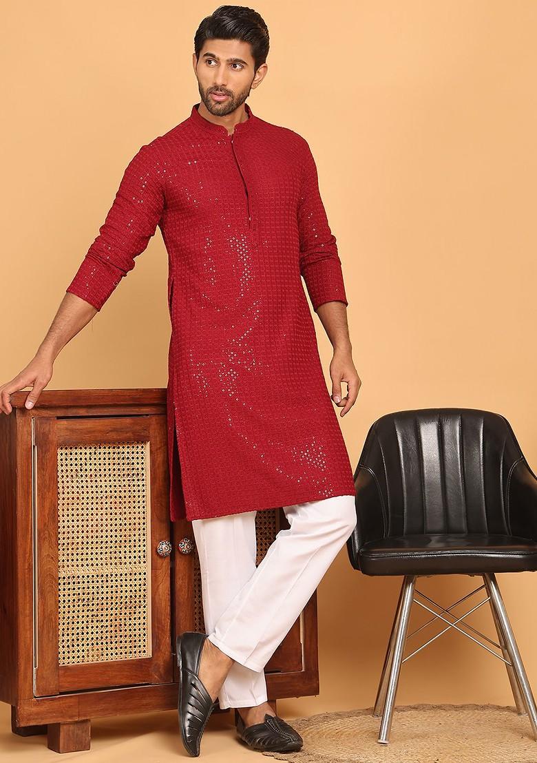 Red Embroidered Poly Blend Kurta Set For Men
