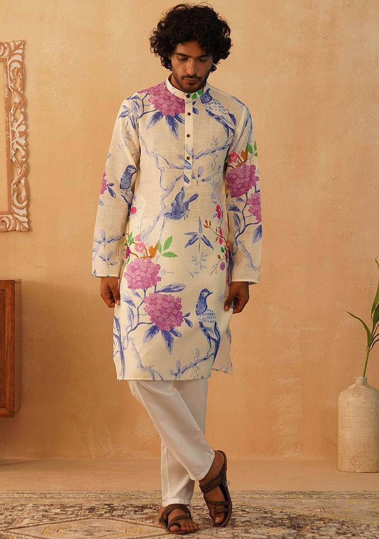 White Printed Poly Blend Kurta Set For Men