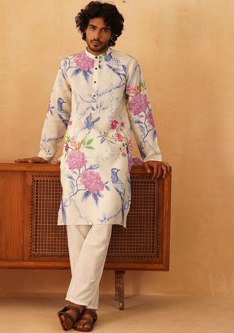 White Printed Poly Blend Kurta Set For Men