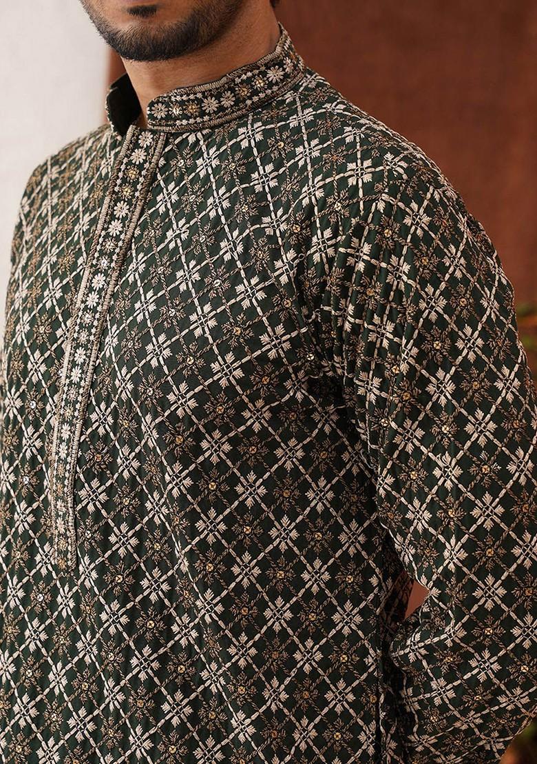 Olive Embroidered Poly Blend Kurta Set For Men