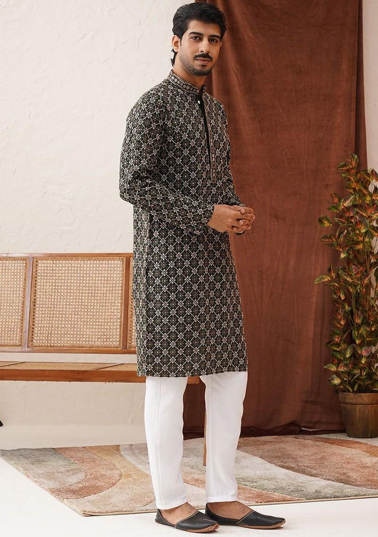 Olive Embroidered Poly Blend Kurta Set For Men