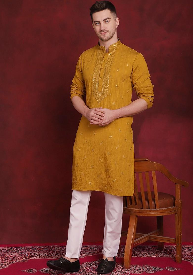 Mustard Yellow Embroidered Poly Blend Kurta Set For Men