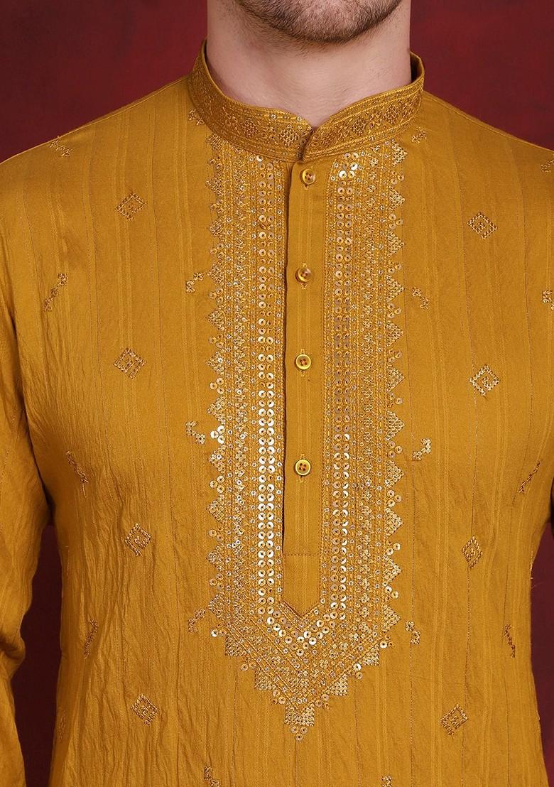 Mustard Yellow Embroidered Poly Blend Kurta Set For Men
