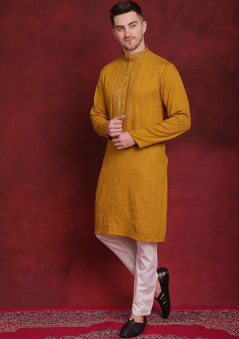 Mustard Yellow Embroidered Poly Blend Kurta Set For Men