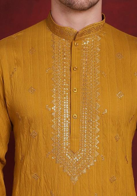 Mustard Yellow Embroidered Poly Blend Kurta Set For Men