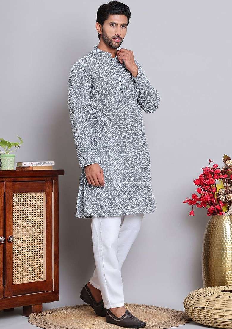 Grey Embroidered Poly Blend Kurta Set For Men - Indya