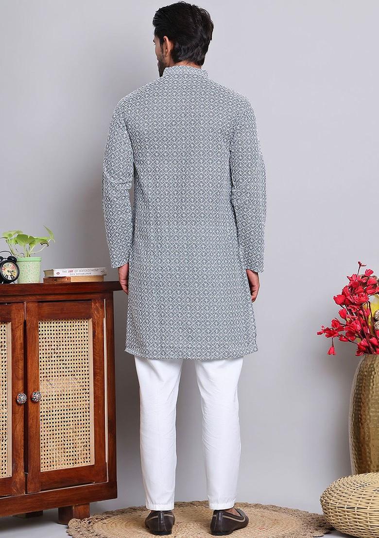 Grey Embroidered Poly Blend Kurta Set For Men