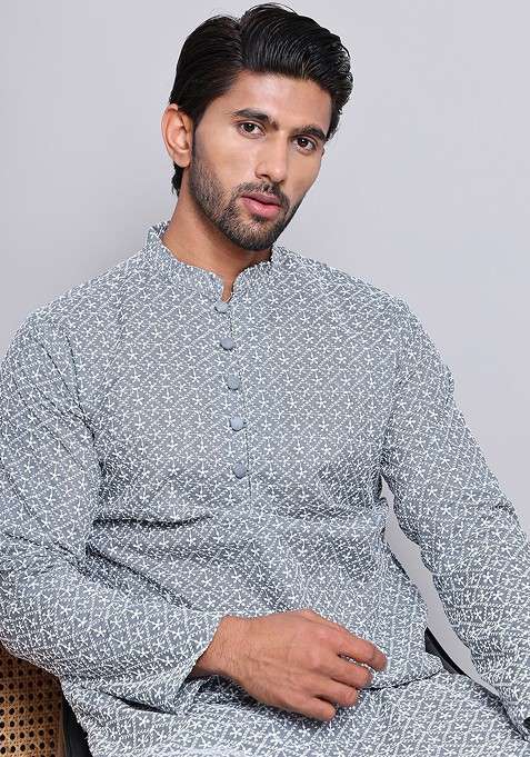 Grey Embroidered Poly Blend Kurta Set For Men