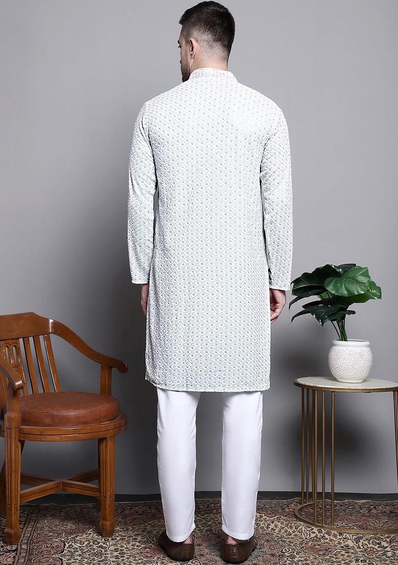 Blue Embroidered Poly Blend Kurta Set For Men