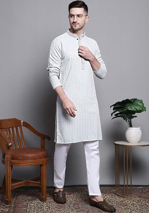 Blue Embroidered Poly Blend Kurta Set For Men